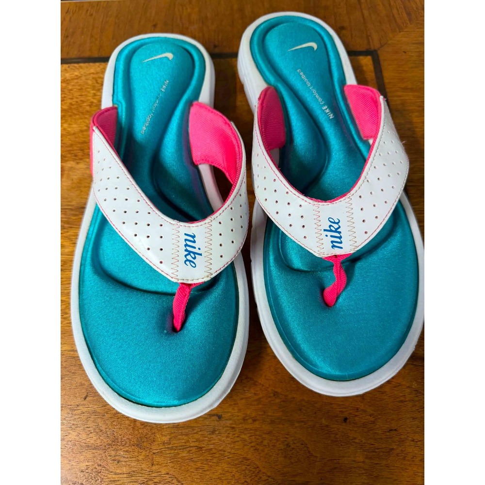 Nike Womens 9 Teal White Pink Comfort Footbed Flip Flop Sandals Sport Thong 2071